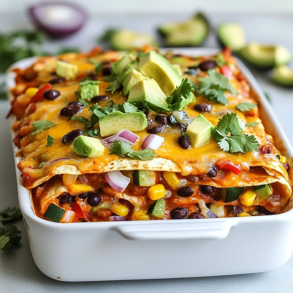 Cheesy freezer-friendly Veggie Enchilada Casserole Delight